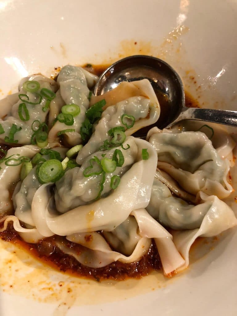 Vegetable &amp; Pork Wontons with Spicy Sauce