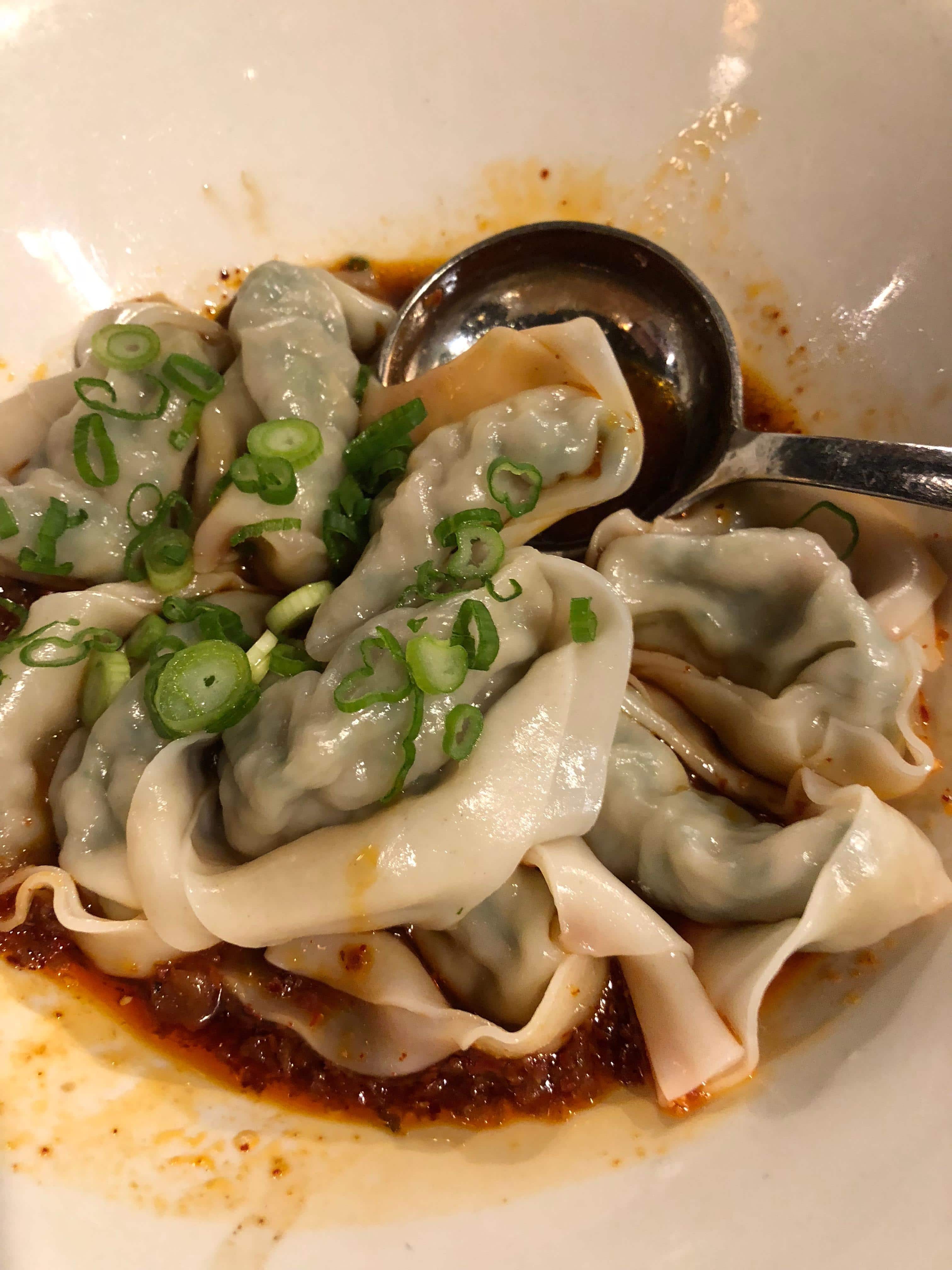 Vegetable & Pork Wontons with Spicy Sauce