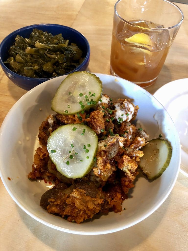 Chicken Gizzards with White BBQ Sauce and Collards