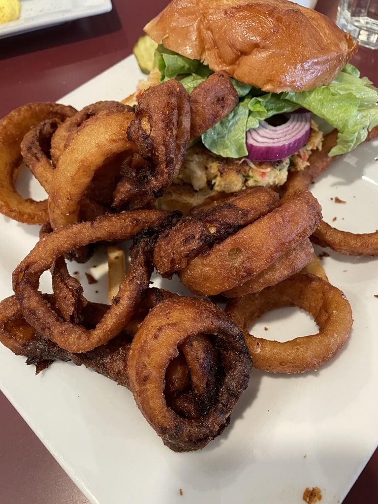 Crab Cake Burger and Onion Rings
