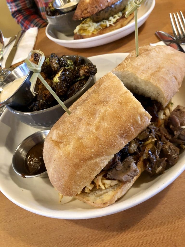 Plum Glazed Crispy BBQ Duck Sandwich with Brussels