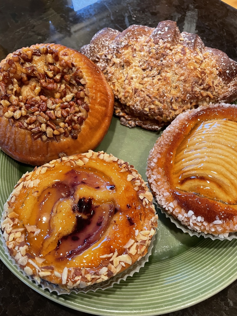 Twice Baked Almond Croissant, Pear, Cherry and Almond Tart, Caramel Apple Tart and Pecan Brioche