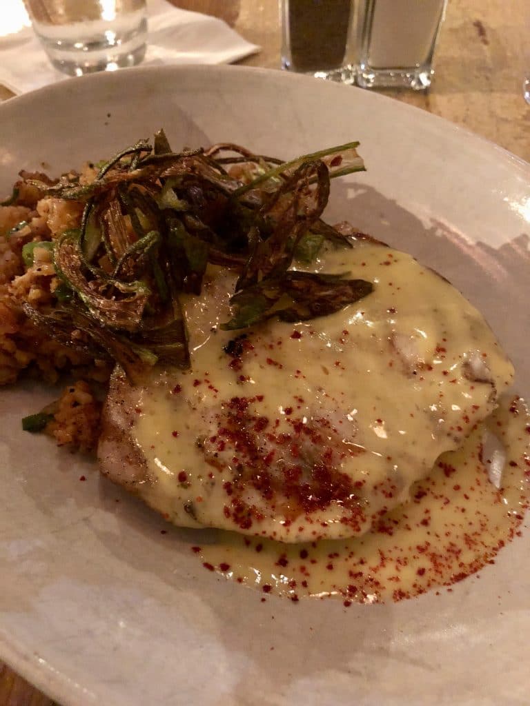 Cobia with Bacon, Red Rice and Crispy Okra