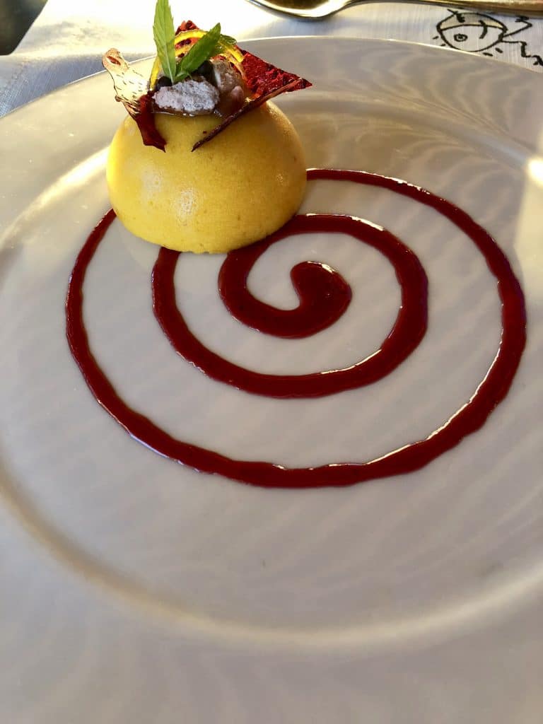 Mango and Orange Sponge on Rhubarb Sauce