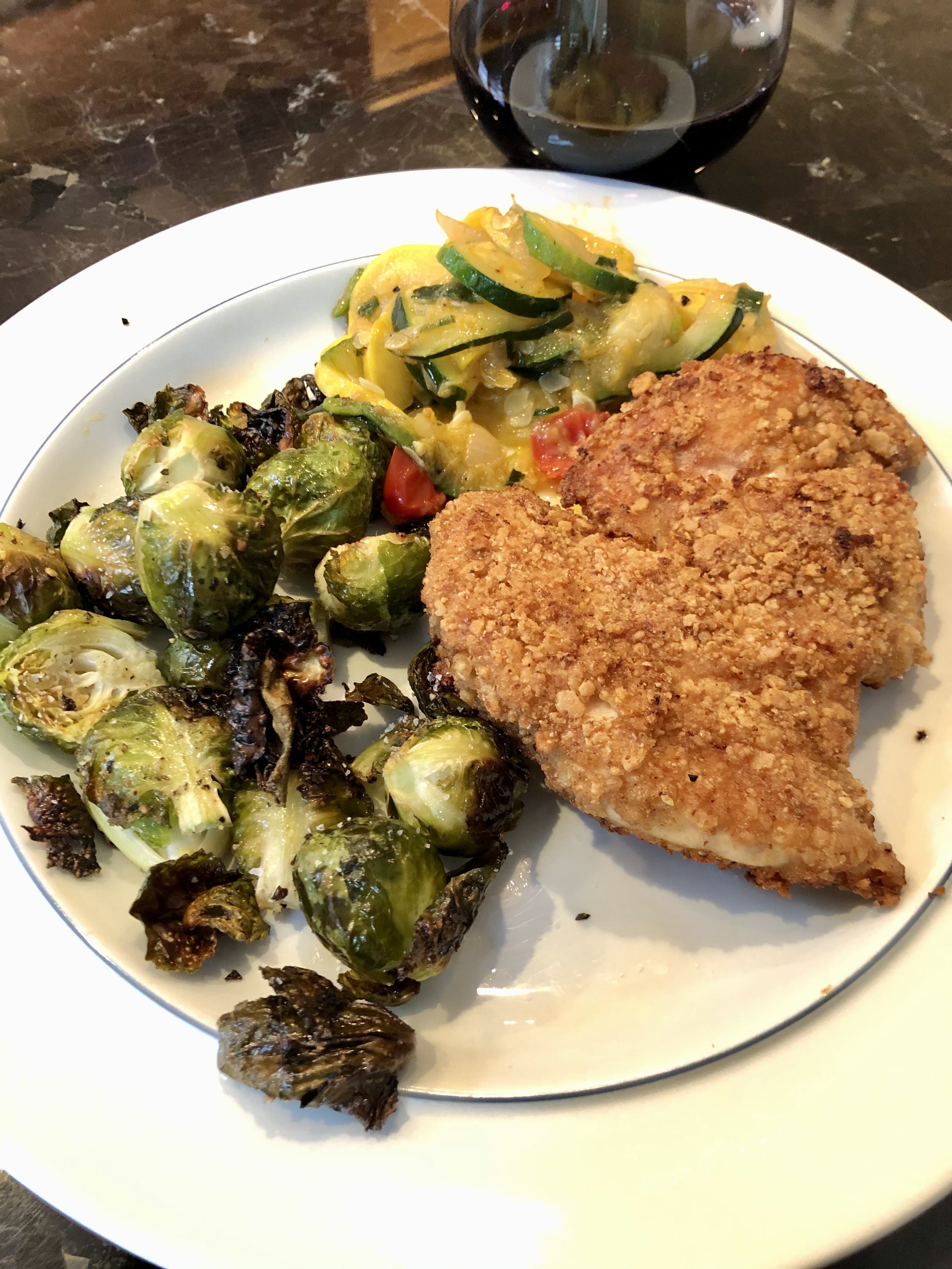 Fried Chicken, Brussels and Yellow Squash Medley