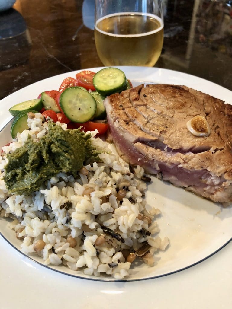 Grilled Tuna with Wild Rice and Green Garlic Adobo