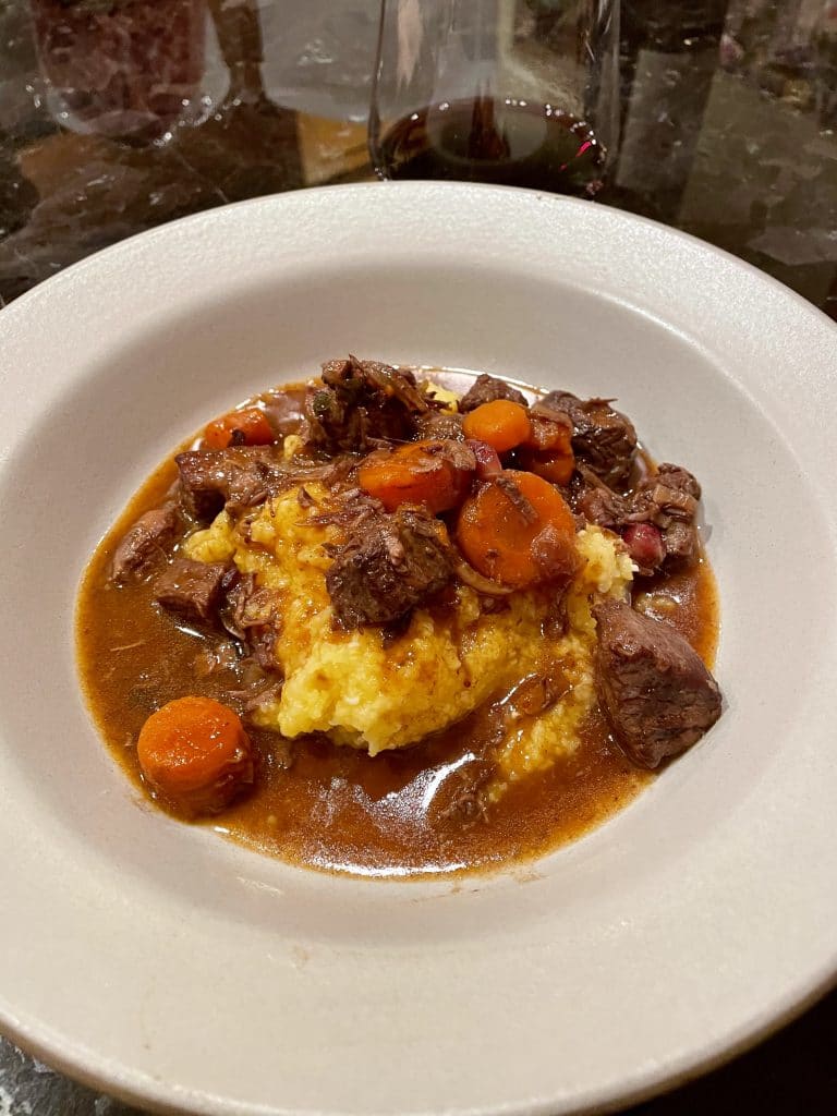 Cranberry Cider Braised Beef Stew on Polenta