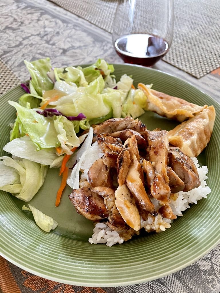 Chicken Teriyaki, Salad and Pork Gyoza