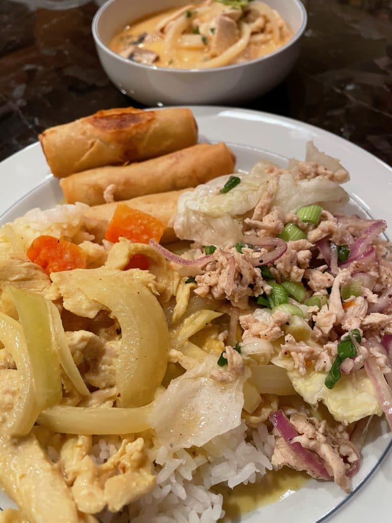 Yellow Curry, Tom Kha Gai, Fried Veggie Rolls and Larb Gai