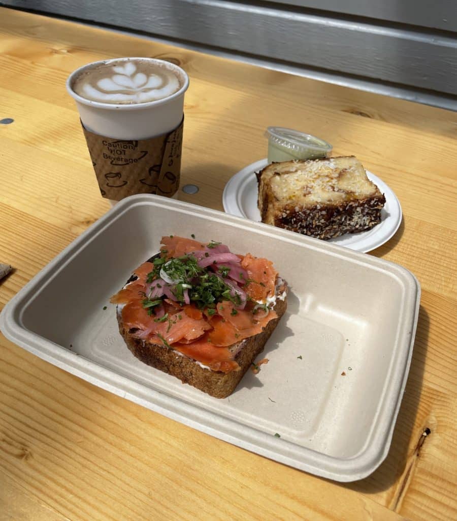 Smoked Salmon Toast, Cardamom Mocha Latte and Jackfruit Bread Pudding with Pandan Kaya