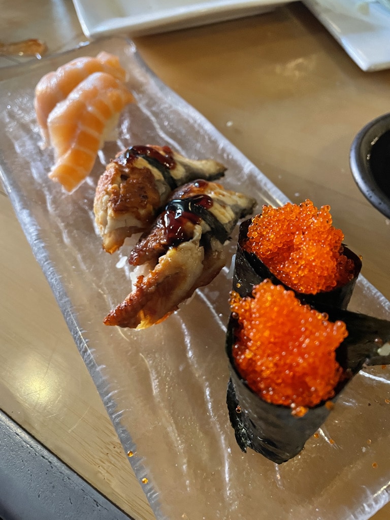 Tobiko, Unagi and Salmon Nigiri