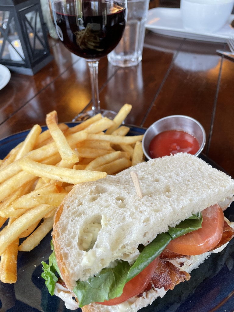 Turkey BLT with Fries and red wine