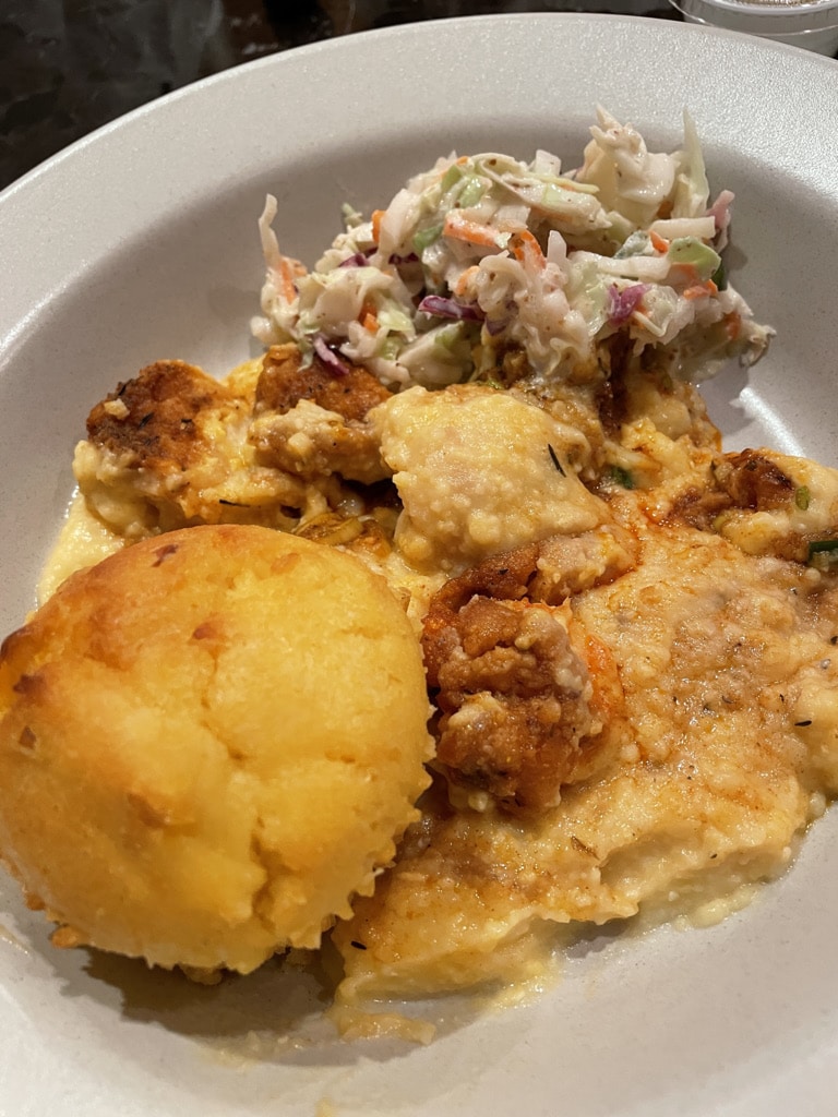 Shrimp and Grits with Coleslaw and Cornbread