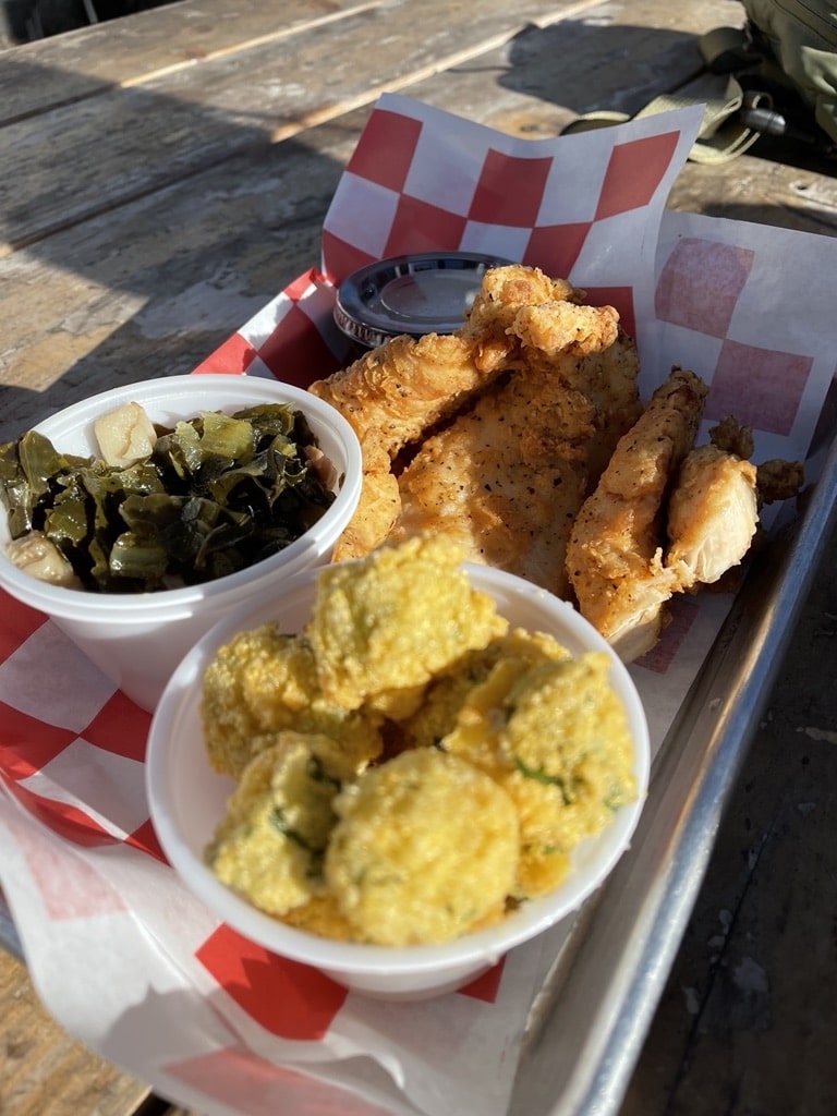 Chicken Strips with Okra and Collards