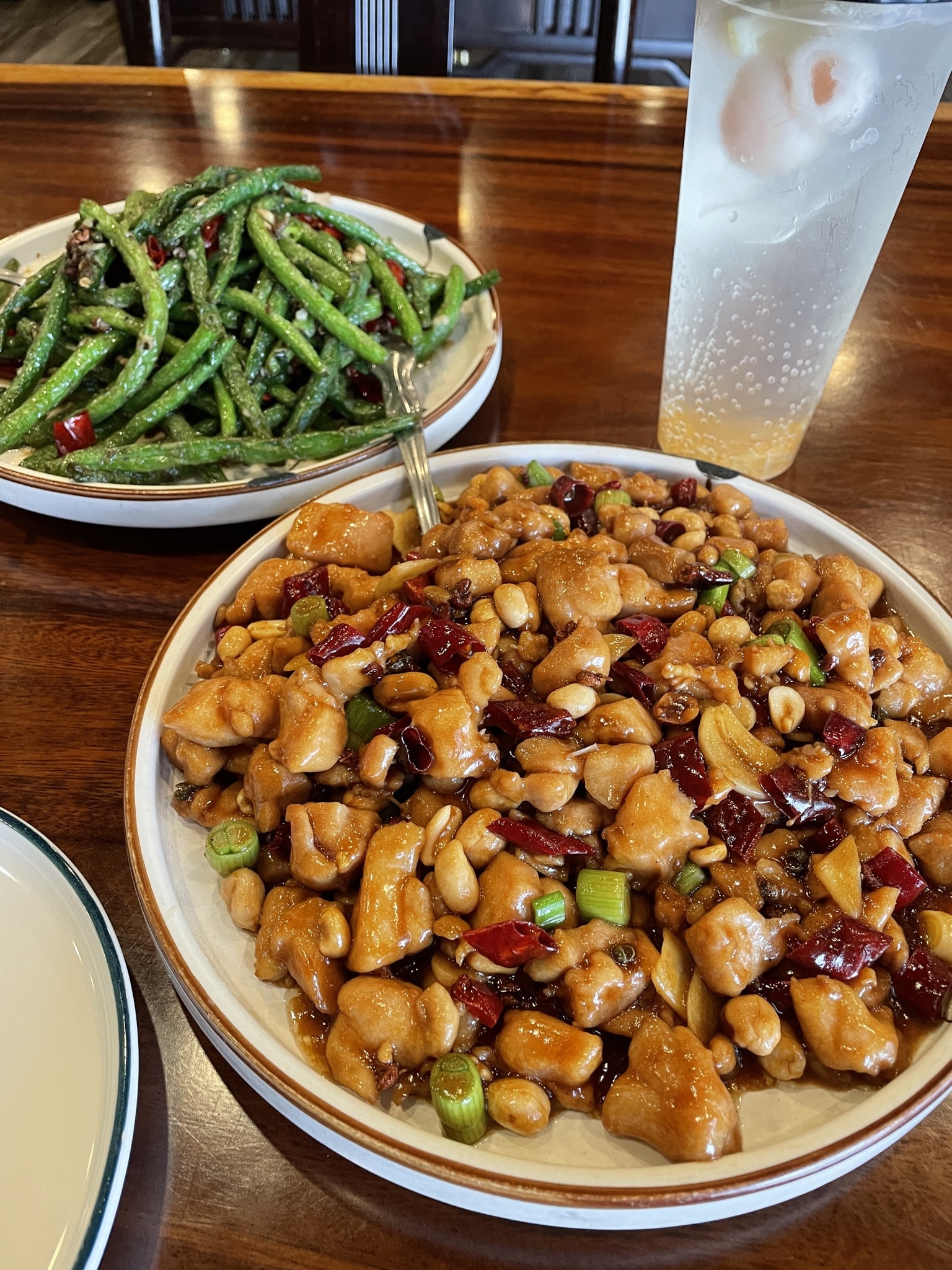 Kung Pao Chicken, Sichuan String Beans with Lychee Kumquat Sparkling Water