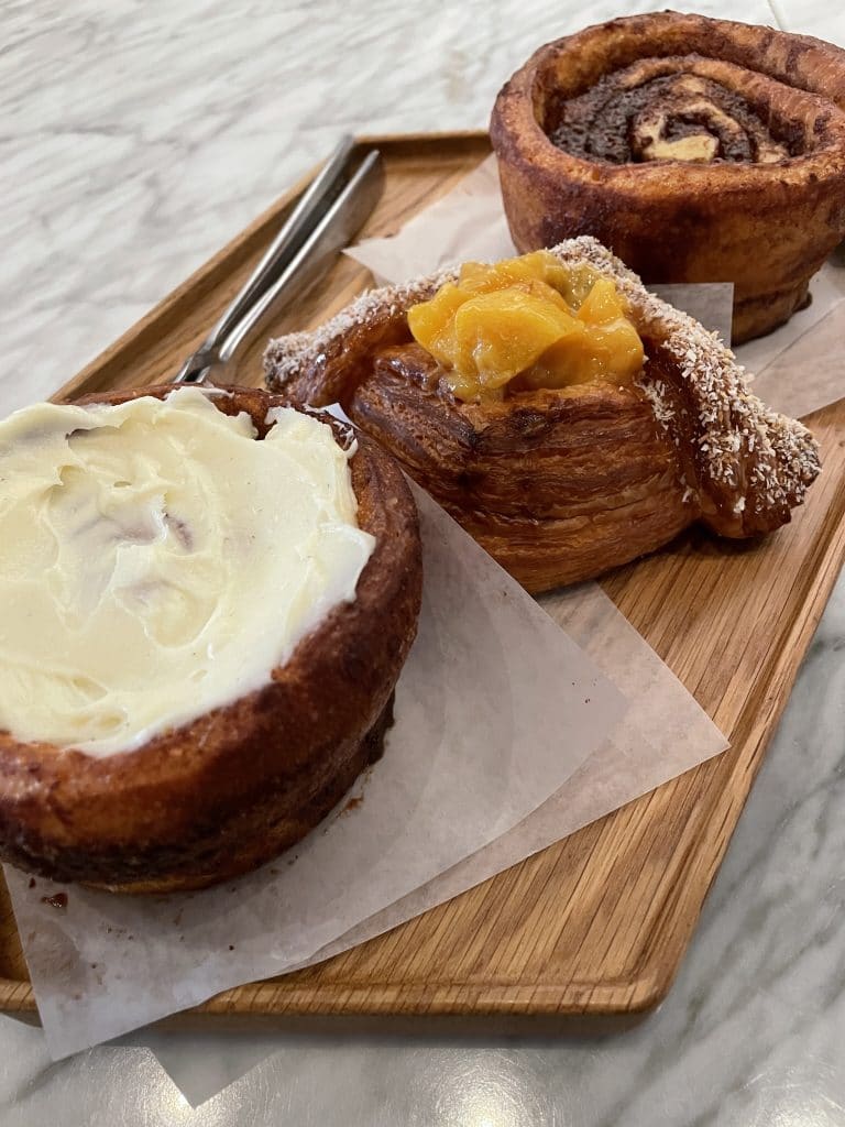 Brioche Cinnamon with and without Vanilla Icing and Coconut Dusted Mango Croissant