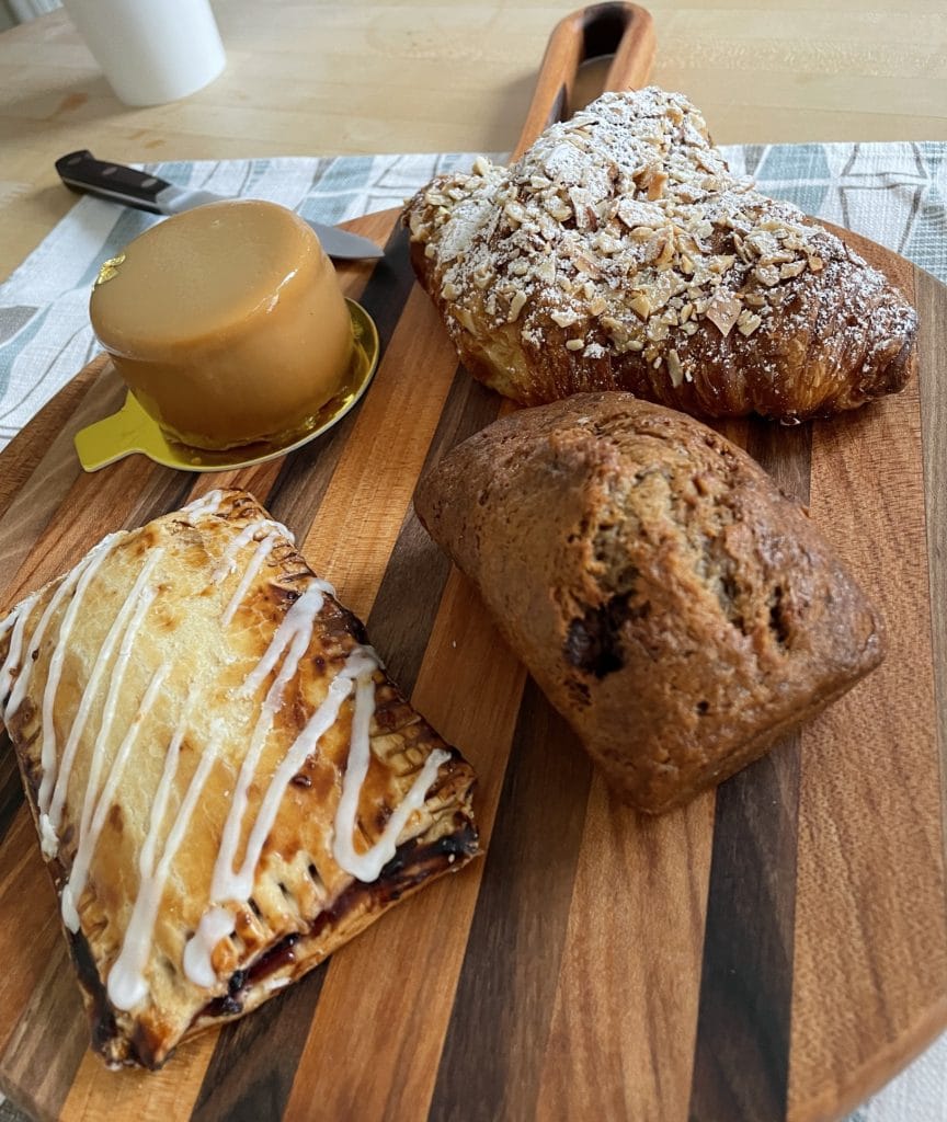 Salted Caramel Cheesecake, Banana Bread, Almond Croissant, Fruit Tart