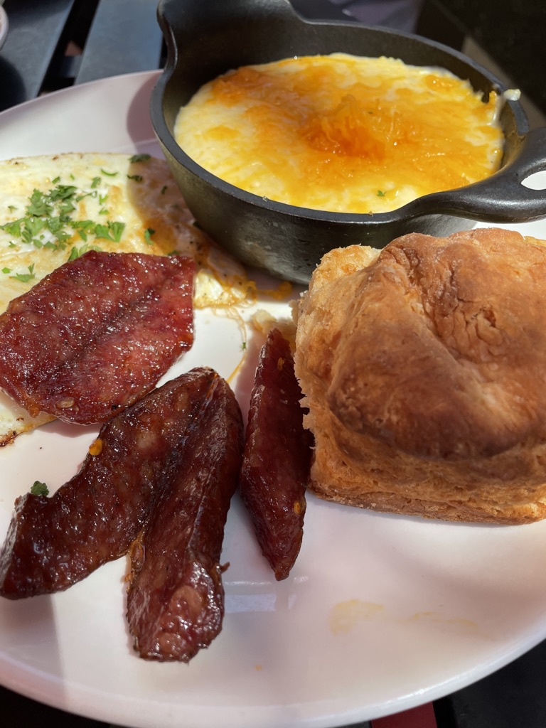 Classic Breakfast with Cheese Grits and Conecuh Bacon