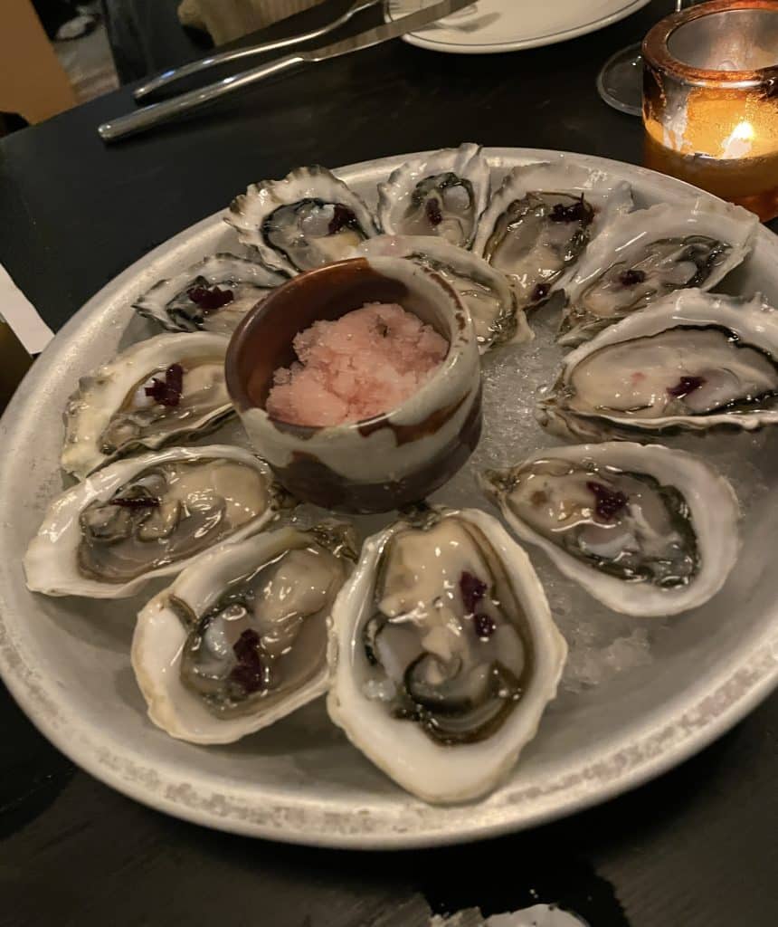 BC Oysters with Mignonette Granita and Fermented Hot Sauce