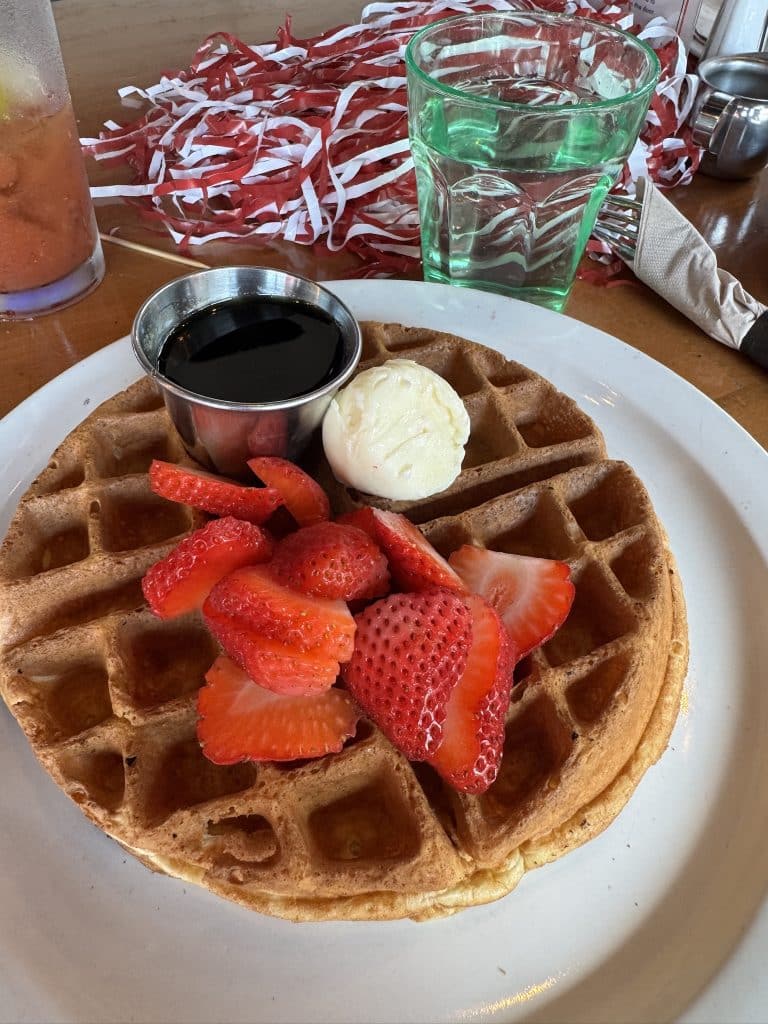 Phee's Waffle with Bourbon Maple Syrup, Chocolate Chips and Blueberries