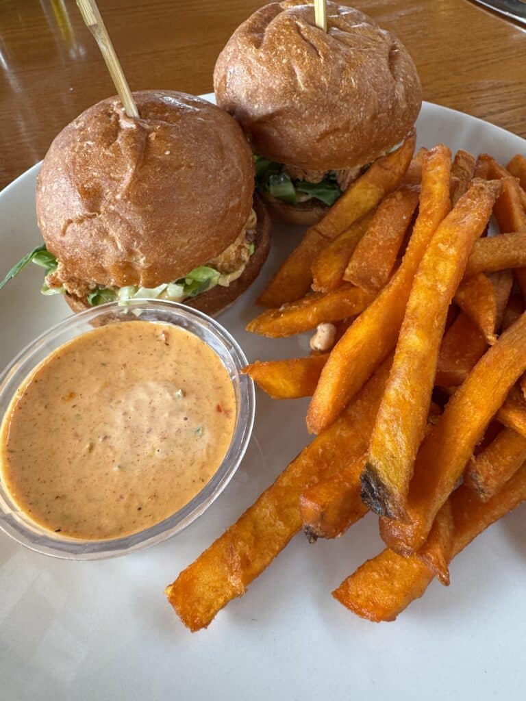 Fried Shrimp Po Boy Sliders with Sweet Potato Fries