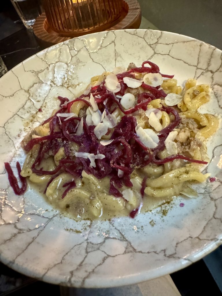 Casarecce with Duck Sausage and Pickled Red Cabbage